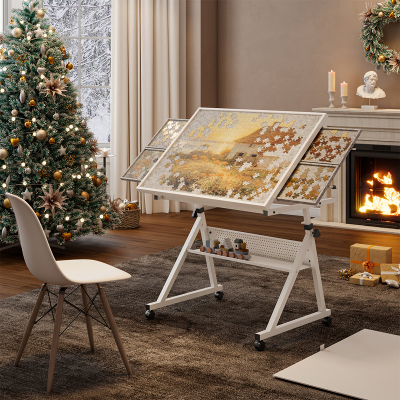 Plateau de table en métal pour adultes avec 4 plateaux (sans tabourets), White, Blanc
