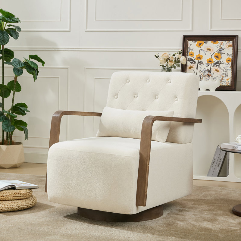 Solid Wood Upholstered Swivel Armchair, Beige