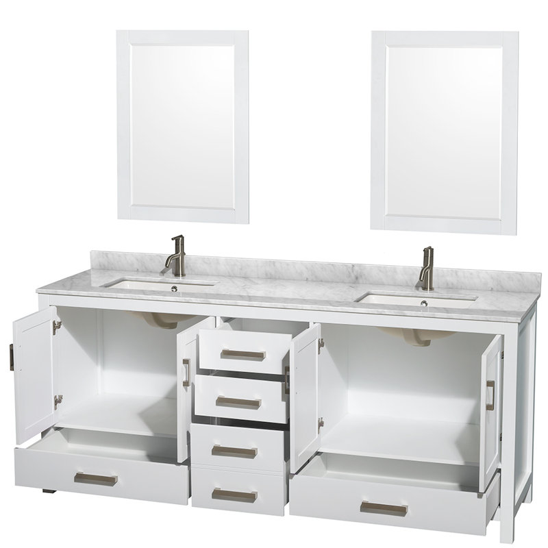Sheffield 80" Double Bathroom Vanity Set with Mirror, White, Brushed Chrome