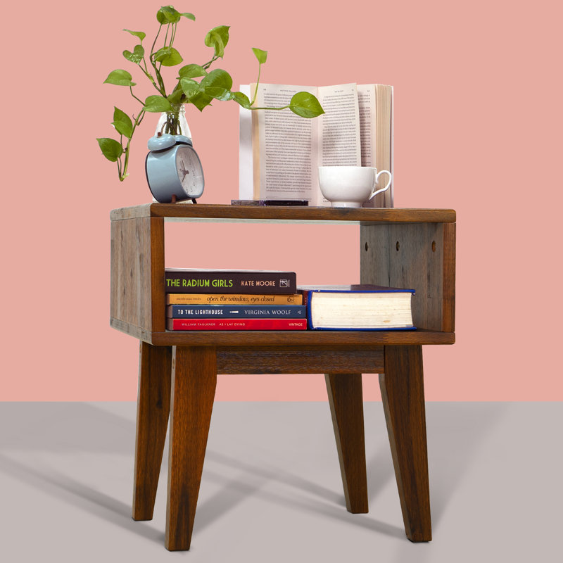 Acacia Jhasir Solid Wood Nightstand, Mid Century Modern Side Table Bedroom with Storage, Chocolate