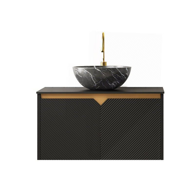 Meuble-lavabo 30 po, meuble de rangement mural en contreplaqué flottant, portes doubles en sergé avec garniture en métal, vasque en céramique noire avec motif en pierre et plateau en pierre frittée noire, noir