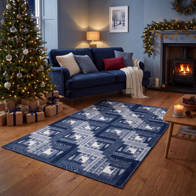 Tapis d'hiver Agri moderne à motifs géométriques bleu marine, gris et blanc, antidérapant, à poils courts, pour intérieur et extérieur, adapté aux animaux domestiques, idéal pour le salon, la chambre, la salle à manger, l'entrée, le corridor, le bureau ou un chalet. Décoration de Noël. Lavable.