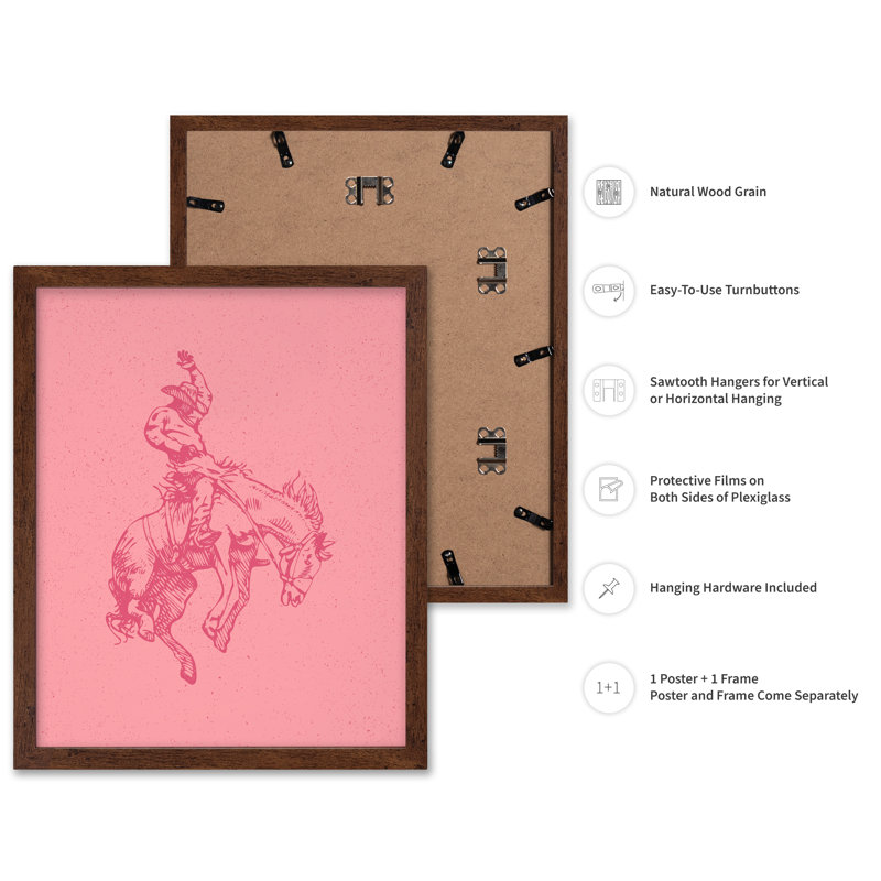 Cheval de cowboy rose, Poster, 11"H x 14"W, Brown Framed
