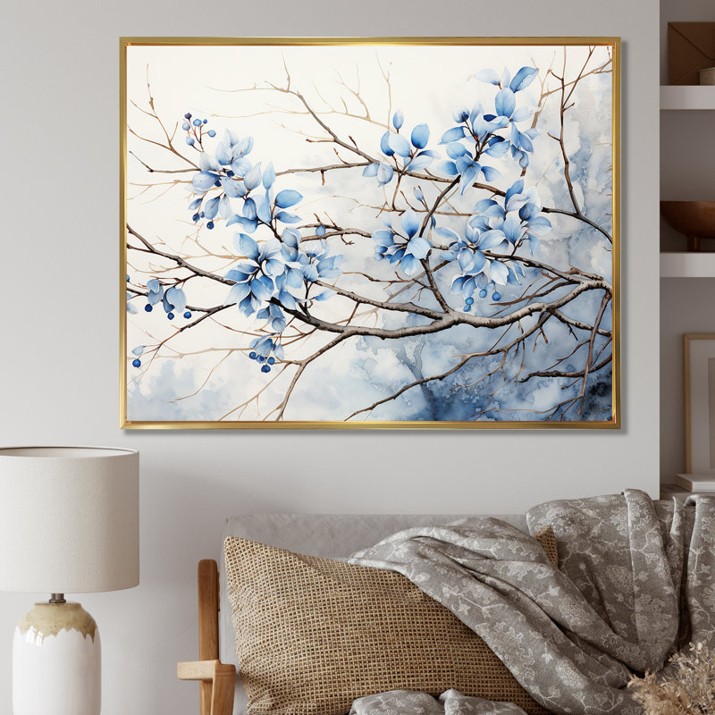 Art sur toile, feuilles bleues et grises, Cadre flottant doré, H 16 po x l 32 po x P 1 po
