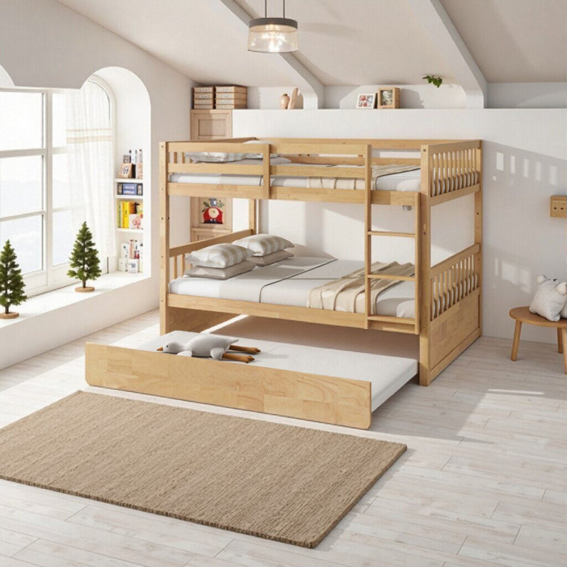 Lit superposé double en bois d'hévéa avec lit gigogne, échelle, garde-corps, convertible en 2 lits, Natural