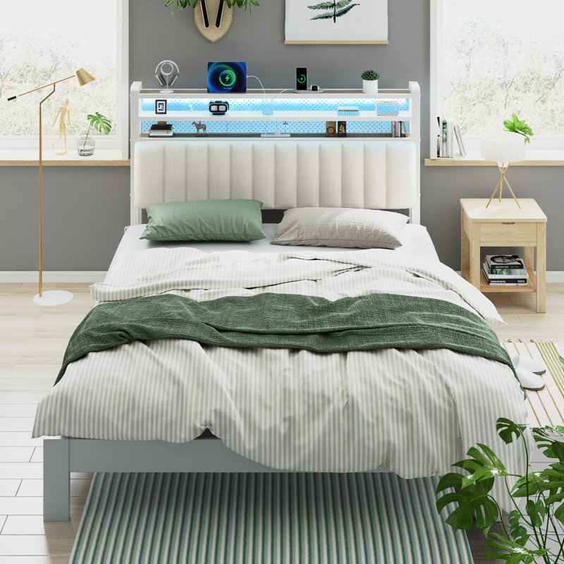 Full Size Headboard, Adjustable Upholstered Headboard With 3 Tier Shelves And Pegboard With Charging Stations And LED Lights, Modern Bed Headboard With Storage Linen And White