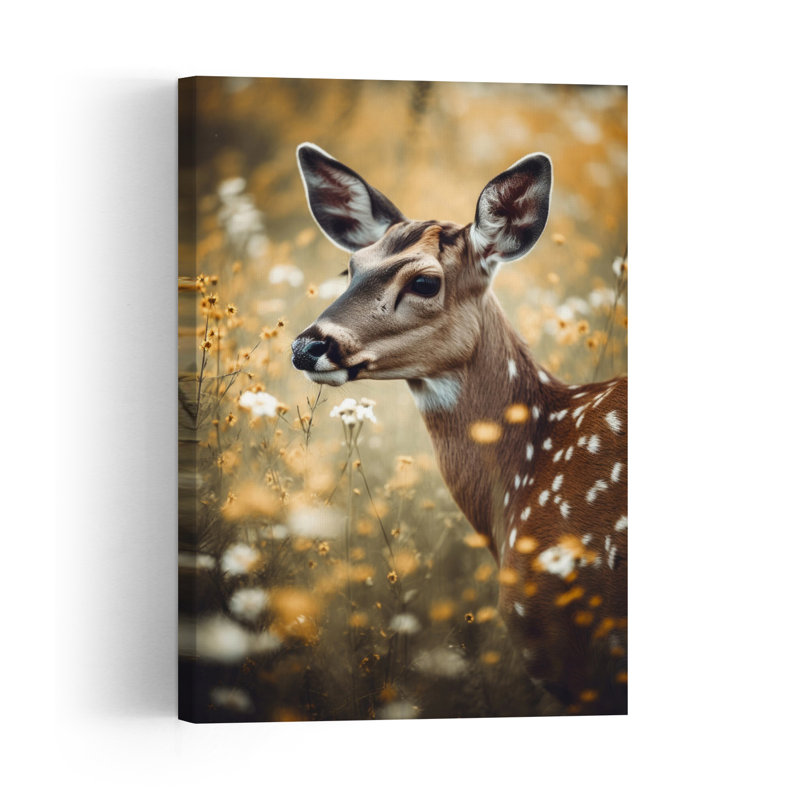 Doe In Wildflowers Peaceful Serene Abstract Deer Autumn Flower Wall Art Print 1 Piece Wrapped Canvas Wall Art