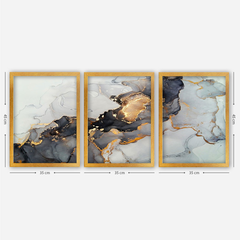 Ensemble de 3 peintures sur bois encadrées, Cadre brun