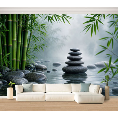 Papier peint auto-adhésif, zen, bambou, spa, pierres, eau brumeuse, feuilles vertes, calme, réflexion, autocollant, papier contact amovible, décoration murale pour le salon, chambre à coucher H 100 po x l 144 po