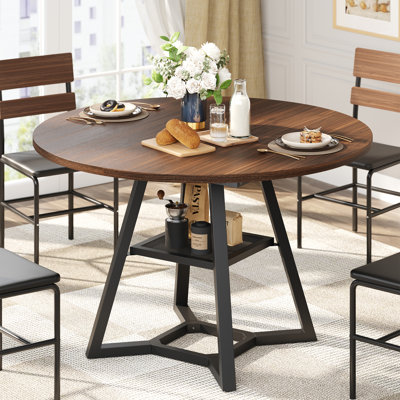47 Inch Round Dining Table For 4, Kitchen Tables Circle Dinner Table With Metal Pedestal Base & Storage Shelf, Industrial Dining Room Table, Space Saving Wooden Table For Small Kitchen, Living Room, Walnut