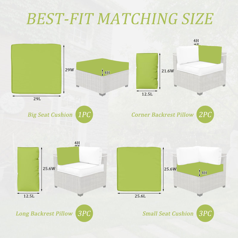 Outdoor 4" Thick Replacement Cushion Set Seat/Back Cushion (Set Of 3 Seats , 3 Backs , 2 Short Backs , 1 Footrest)