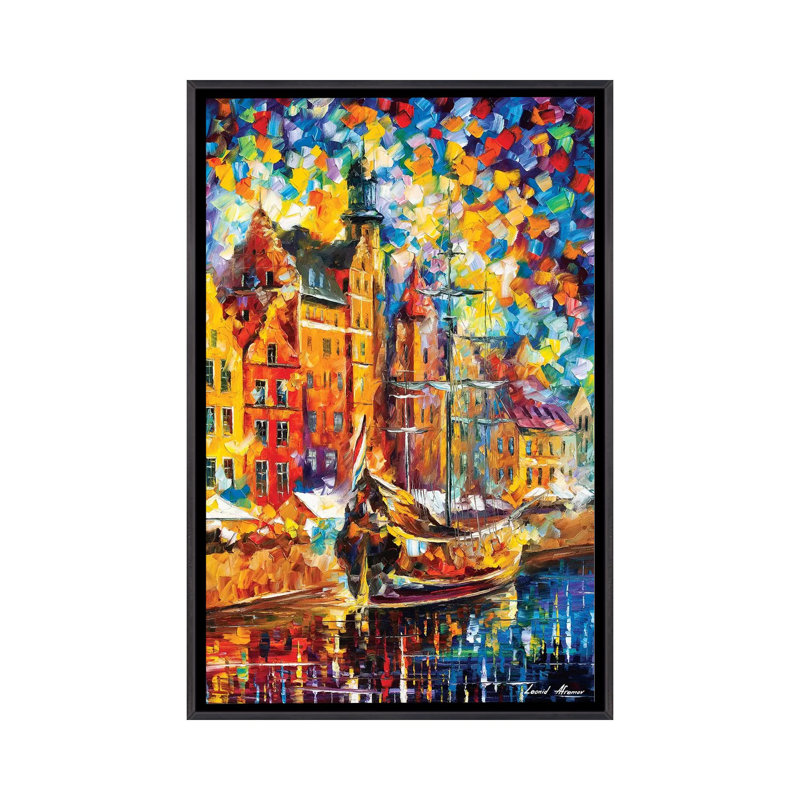 « Old dock » par Leonid Afremov, reproduction d’art, Toile avec cadre noir patiné, Pas de tapis, H 26 po x l 18 po x P 1,5 po