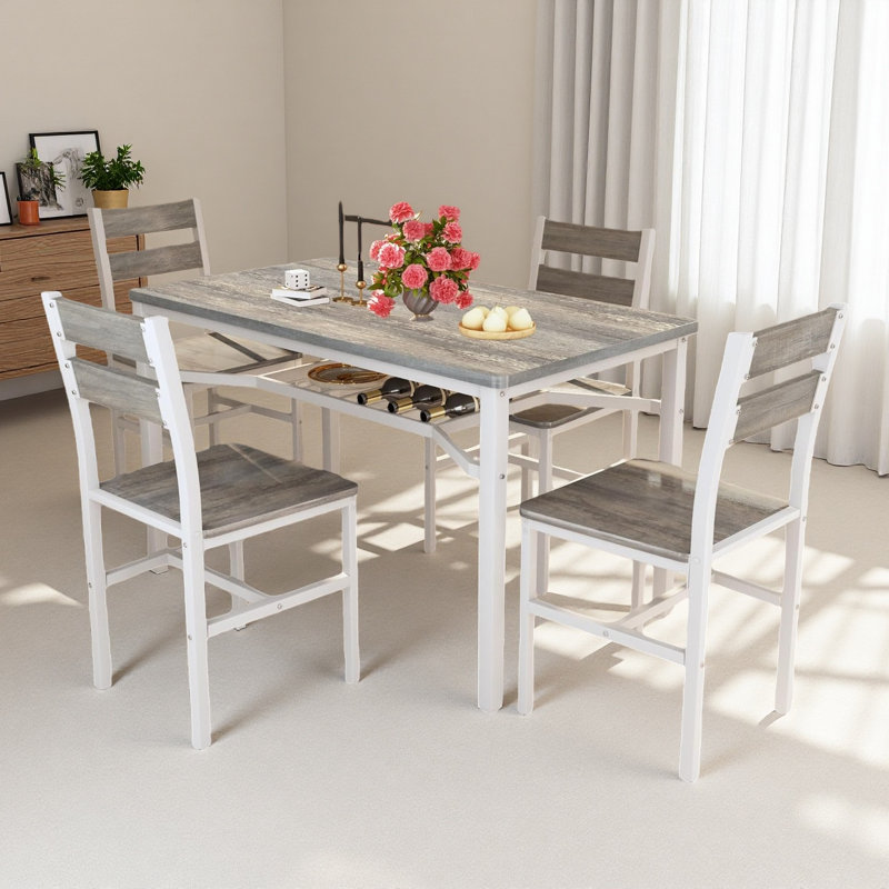 Wood Kitchen Table With Storage, Farmhouse Dining Table Set For 4, Dining Roomtable With Metal Frame And MDF Board,  For Small Space, Easy Assembly