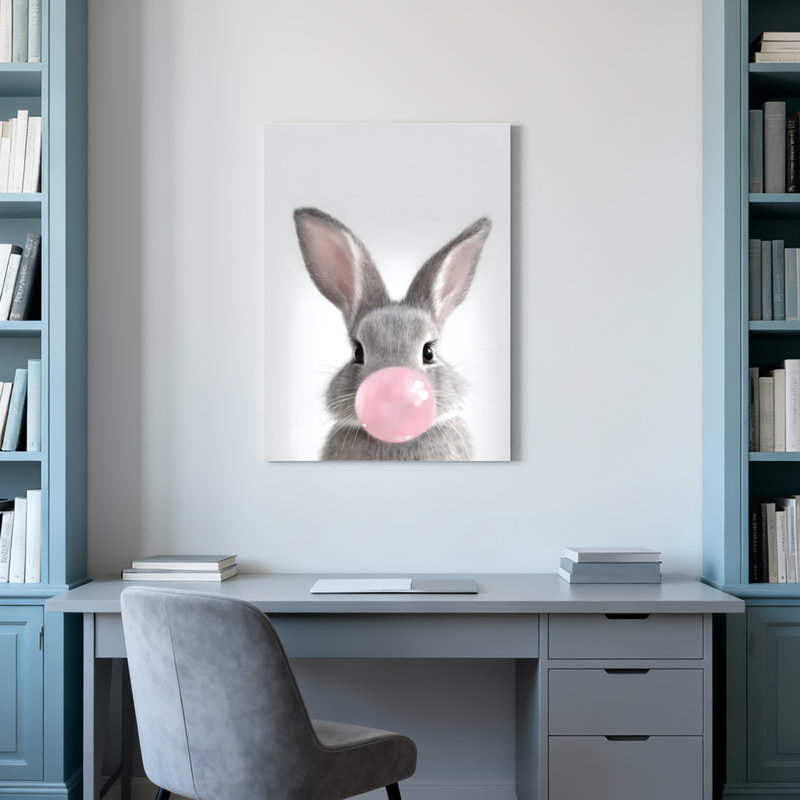 Ensemble de 1 tableau sur toile tendue représentant un adorable lapin soufflant de la gomme à mâcher, H 24 po x l 16 po