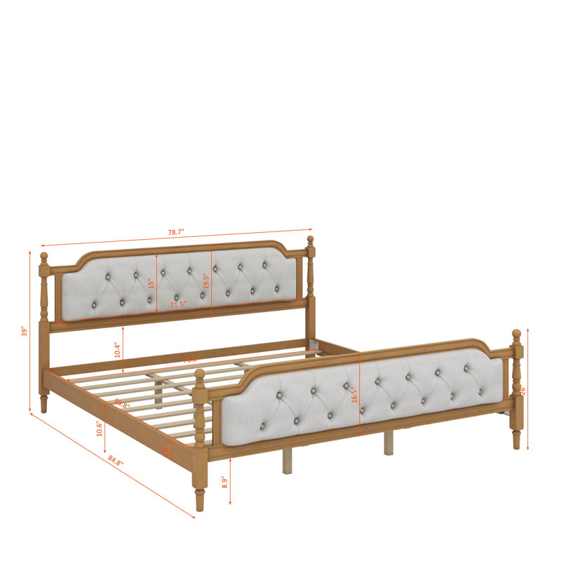 Traditional Style Bed Frame With Upholstered Tufted Headboard, Walnut, King