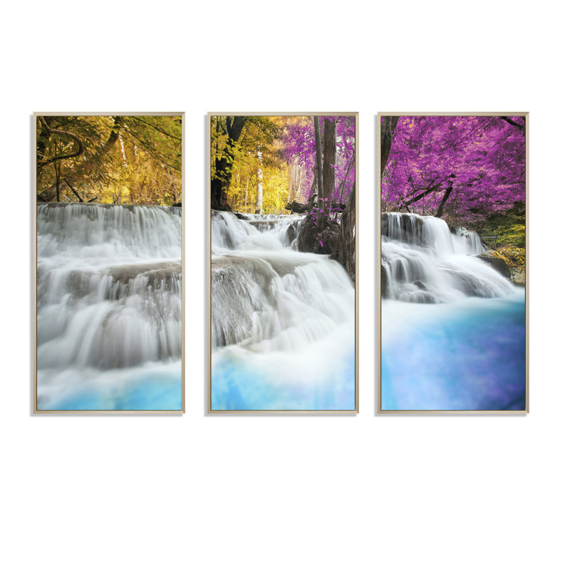 Erawan Waterfall - 3 pièces, cadre photo flottant sur toile, L 36 po x H 20 po, Cadre brun