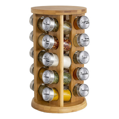 20 Jar Bamboo Spice Rack With Spices Included - Rotating Tower Organizer For Kitchen Spices And Seasonings