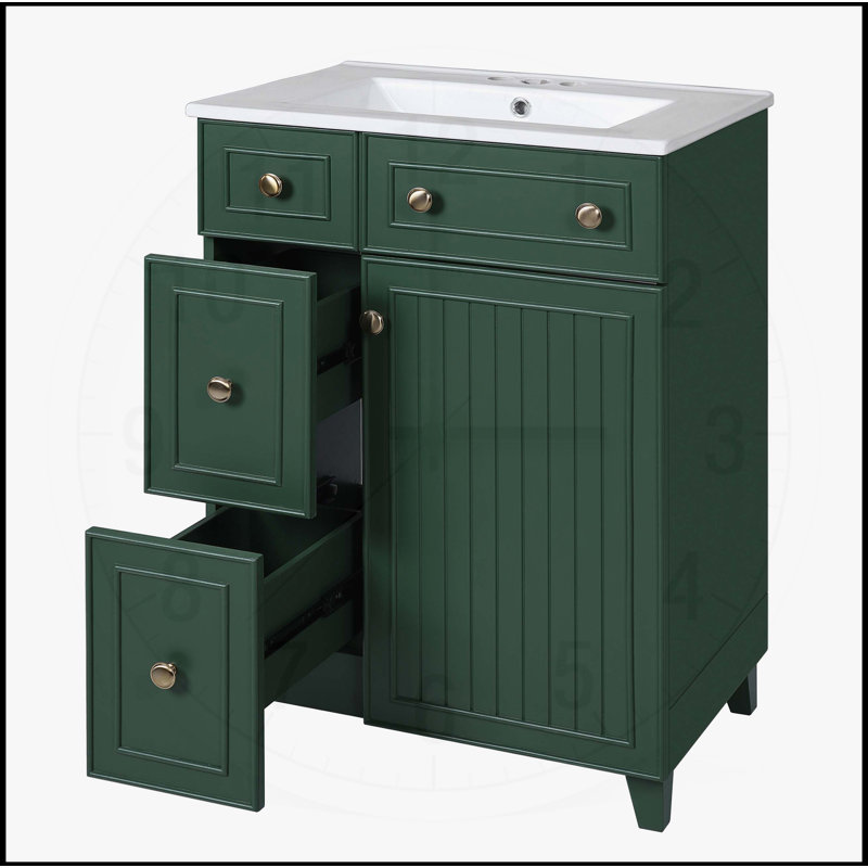 Meuble-lavabo sophistiqué avec lavabo en céramique et rangement intelligent, Vert givré, Or
