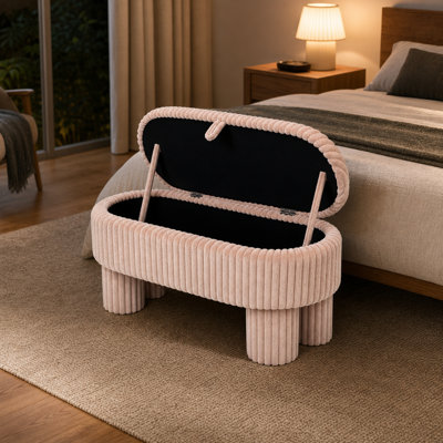 Modern Pink Corduroy Storage Seat Ottoman Bench with Internal Storage for Entryway and Living Room