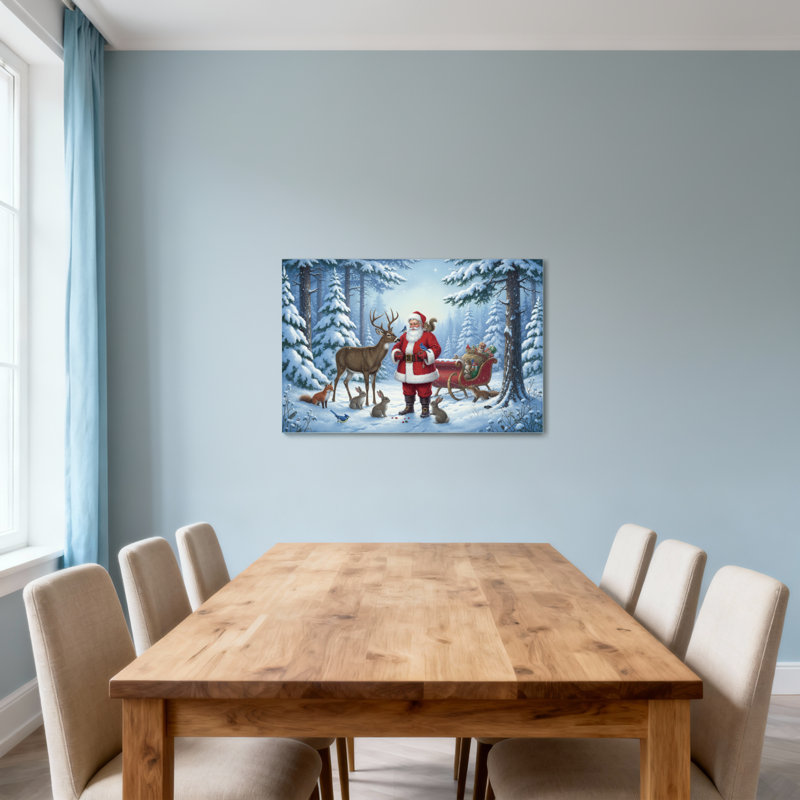 Père Noël de Noël avec des rennes et des animaux de la forêt, H 28 po x l 40 po