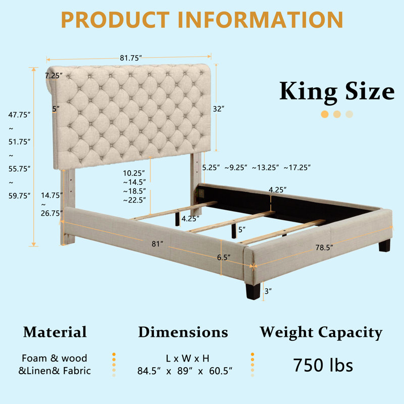 Lit tapissier en tissu, base de lit à hauteur réglable capitonnée, Beige, Grand
