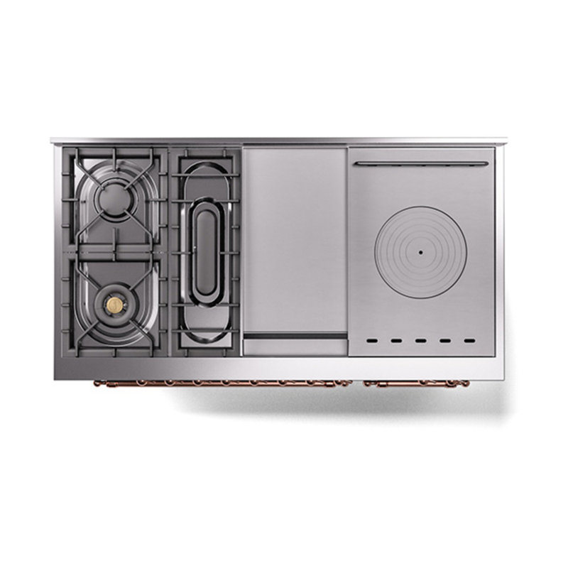 ILVE Nostalgie II Noblesse 48 in Dual Fuel Range, 5 Burner, Griddle, Frenchtop, Glossy Black/Copper, Natural Gas