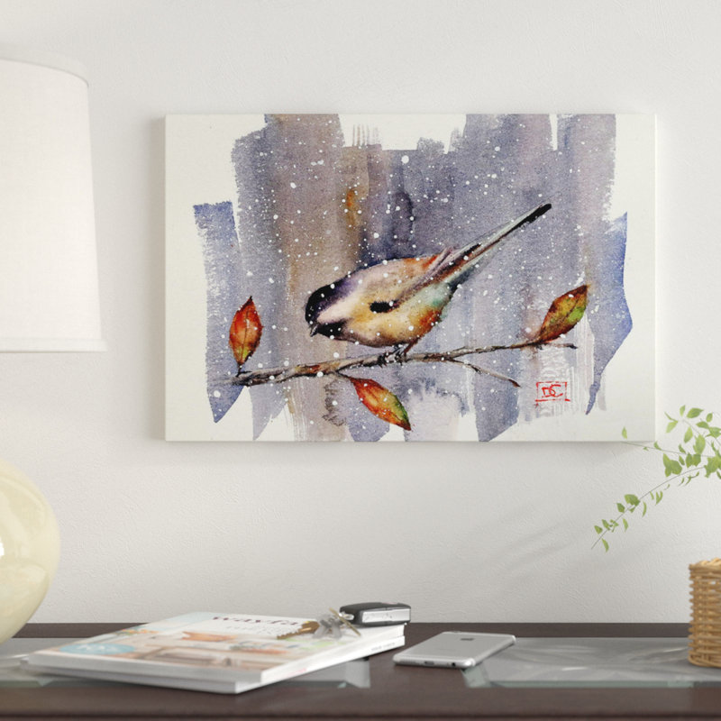 « chickadee snow » par dean crouser,, reproduction d’impression sur toile tendue, H 8 po x l 12 po x P 0,75 po, Pas de tapis