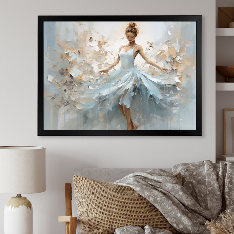 «Blue Gold Minimalisme Ballerina», impression sur toile encadrée de ballet, H 16 po x l 32 po x P 1 po, Cadre noir