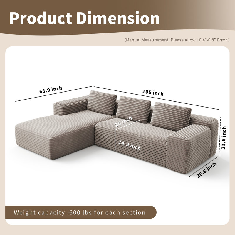 105" Corduroy Cloud Sectional Couch, Upholstered Boneless L-Shape Modular Sectional Sofa For Living Room Bedroom, Free Combination Deep Seat Sofa, High Density Sponge, No Assembly Required, Left Facing Chaise