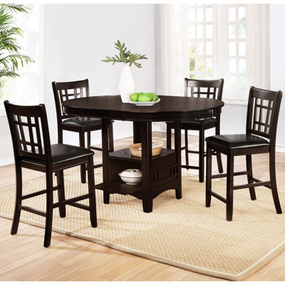 Table de salle à manger à hauteur de comptoir avec table ronde extensible, bois, sièges noirs, rangement fermé pour base Essentials Wood 5, table de rallonge de 18 po, tabourets de dossier,