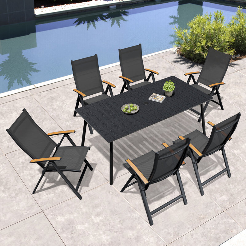  Ensemble repas pour 6 personnes avec structure en aluminium et fauteuils inclinables pliés, Noir