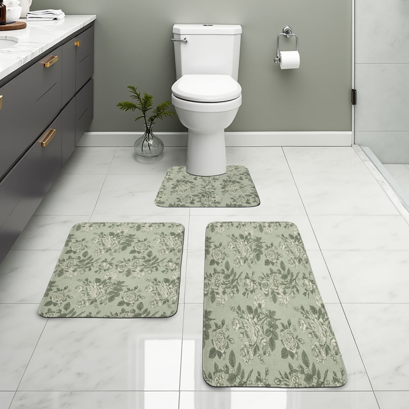  Ensemble de tapis de salle de bain japonais 3 pièces en forme de U et de tapis rectangulaires vert sauge