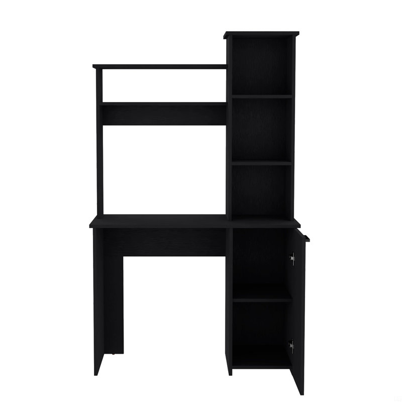 Bureau d'ordinateur avec grande surface de travail, rangement pour huche et armoire à une porte avec tablettes à 3 niveaux