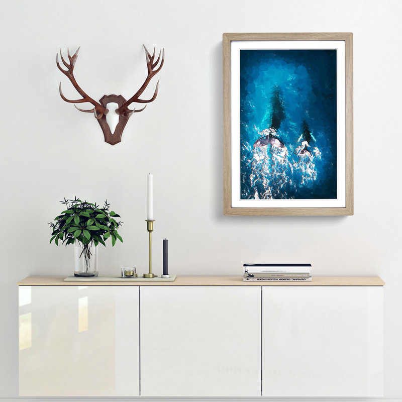 Mother and Calf Humpback Whale in Abstract - Picture Frame Graphic Art Print, 87cm H x 62cm W x 2cm D, Oak Framed