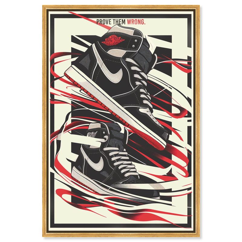 Toile Prove Them Wrong Sneakers par Art Remedy, H 37 po x l 25 po, Cadre flottant, Doré