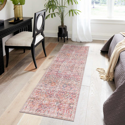 Tapis floral tissé à la machine Engelhardt en chenille ivoire / rose