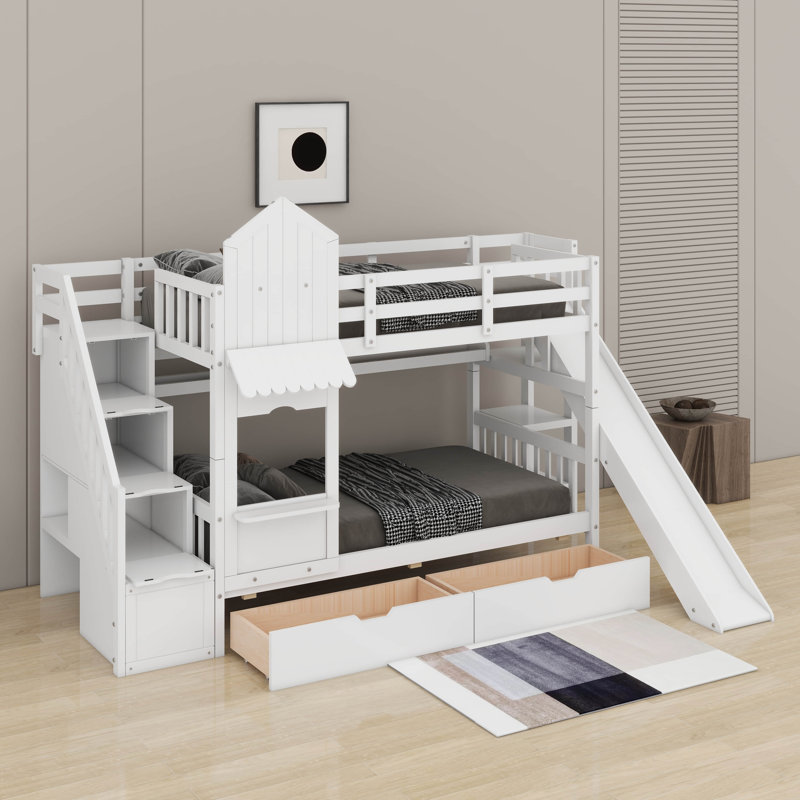 Lit superposé simple au-dessus d'un lit simple de style château avec 2 tiroirs et 3 glissières, Blanc
