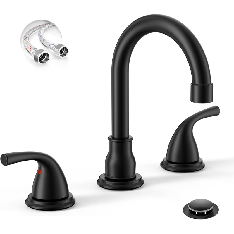 8 Inch 3 Hole Matte Black Bathroom Faucet, 2 Handle Widespread Faucet With Metal Pop Up Drain And Water Supply Lines