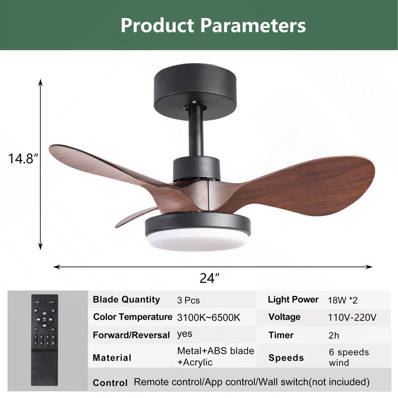 Petit ventilateur de plafond noir 24 po avec télécommande, Brun