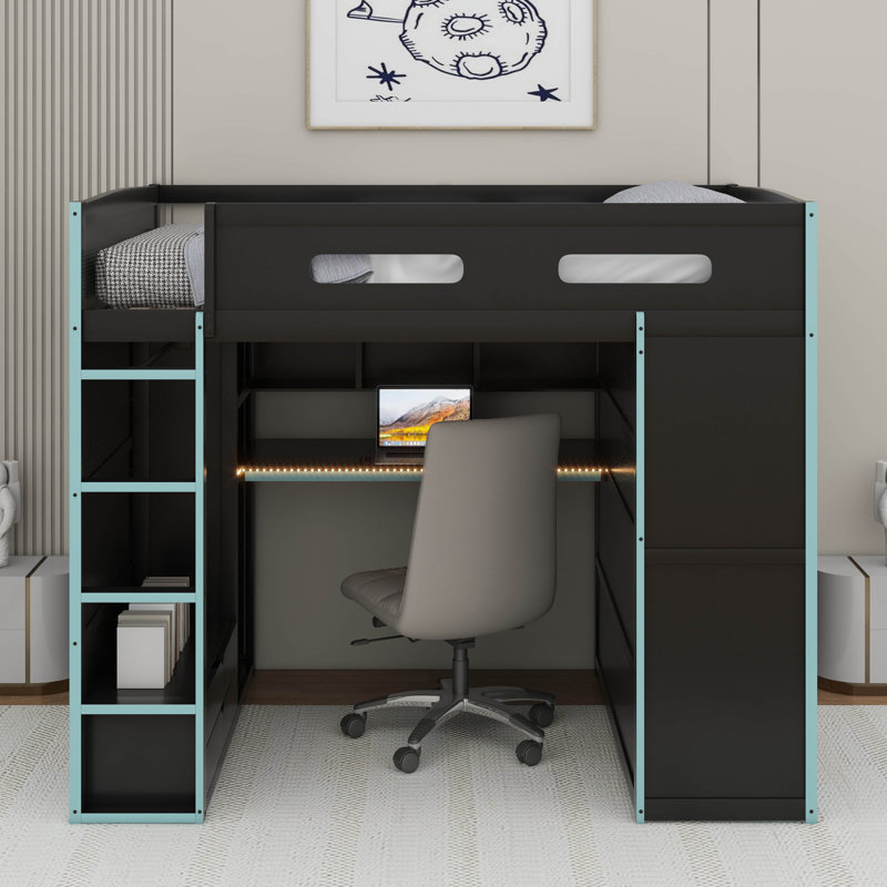 Full Size Wood Loft Bed With Desk,Wardrobe,Ample Storage Space,And RGB LED Light, Cloud Blue
