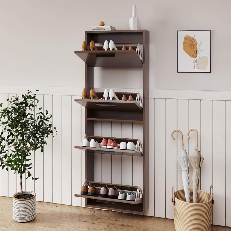 Latitude RunÂ® Shoe Cabinet , Wall Mounted Shoe Organizer With 4 Flip Drawers, 57.2" H x 27.6" W x 6.3" D, Walnut