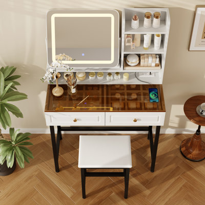 Makeup Vanity and Stool set with Lighted Rotatable Mirror, 2 Drawers and 3-Tier Shelves