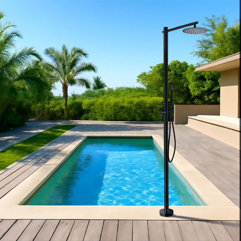 Outdoor Freestanding Shower System With Hand Shower 2 Handle Shower Faucet Set Stainless Steel Floor Mounted Shower Trim Kit With Rough-In Valve