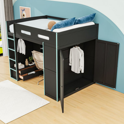 Lit mezzanine double avec bureau, lumière RVB et port USB