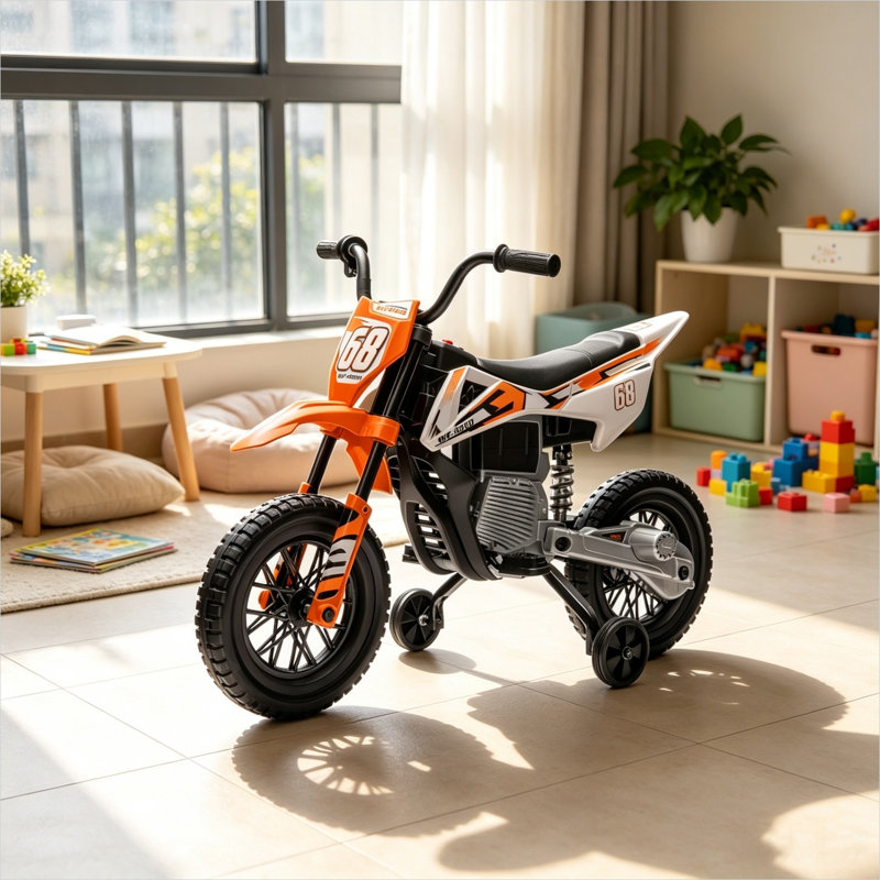 Poussette avec produits pour bébé de 43,1 po x 23,6 po x 28,5 po, jumelant les tout-petits avec une voiture orange et une moto orange