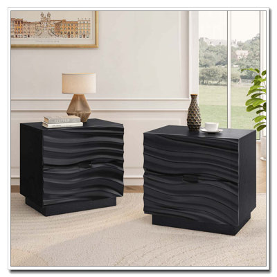 Solid Wood Nightstand Set of 2 with 2 Drawers and Handle-Free Design