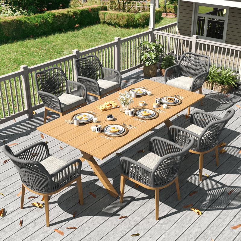 9 Pieces Outdoor Dining Set With Rectangular Dining Table And 8 Chairs, Beige, Brown, 8
