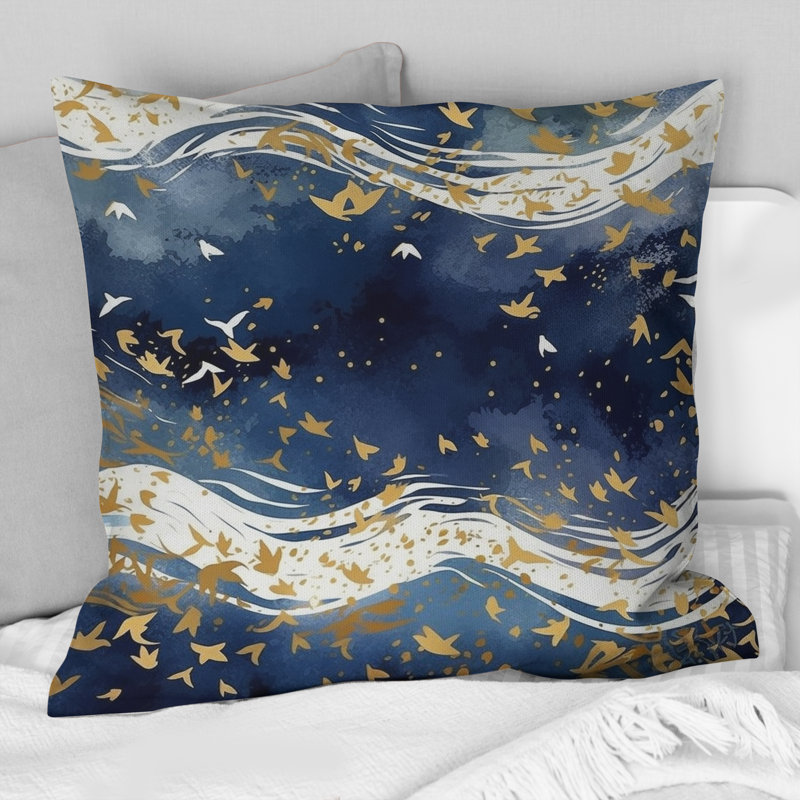 Coussin décoratif bleu foncé et doré à motif abstrait Fractals