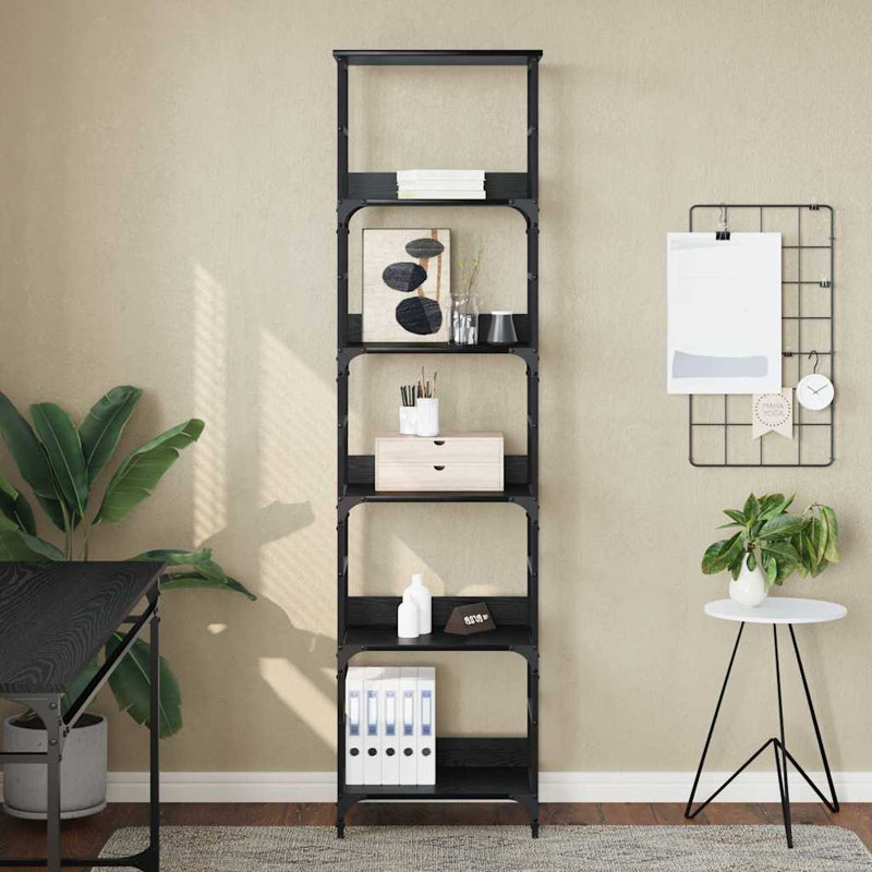 50cm W Metal Etagere Bookcase, (5 Shelves) 188.5cm. H x 50cm. W x 33cm. D, Black Oak