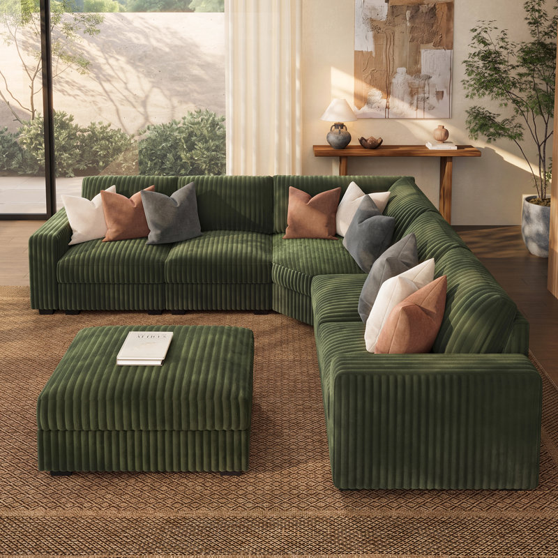 Canapé d'angle moderne en forme de L avec pouf de rangement, Velours côtelé vert